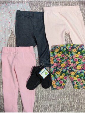 Baby Girl‎  Leggings Pants Bundle 5 Pairs Baby 3-6MO + 2 NWT Socks